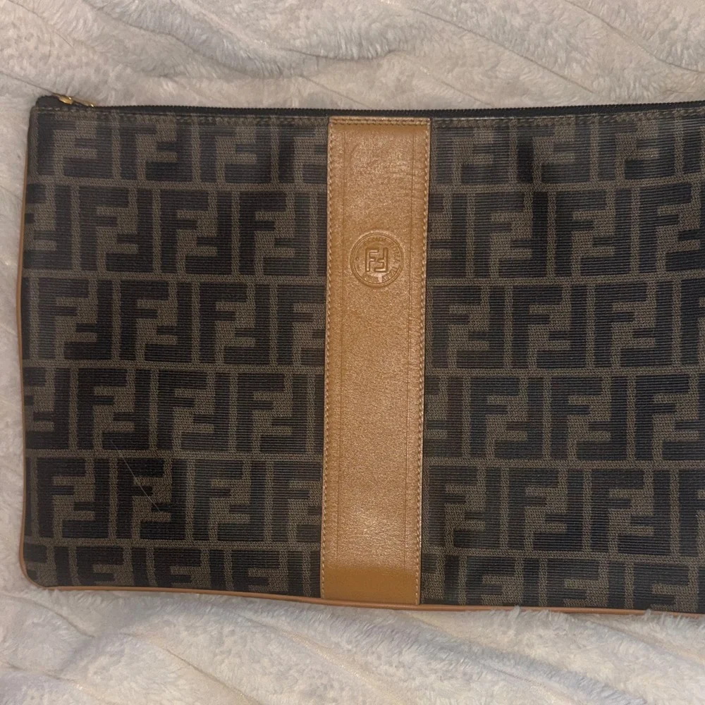Fendi Brown Monogram Toiletry Pouch with Tan Leather Center Stripe